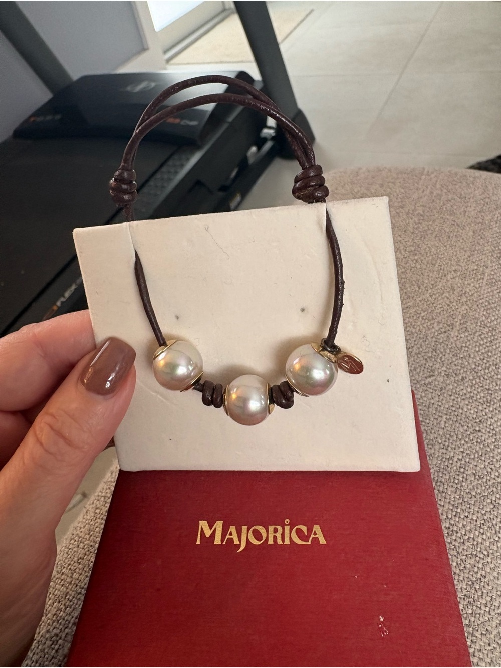 Majorica M1890 Pearl & Leather Cord Adjustable Barcelet